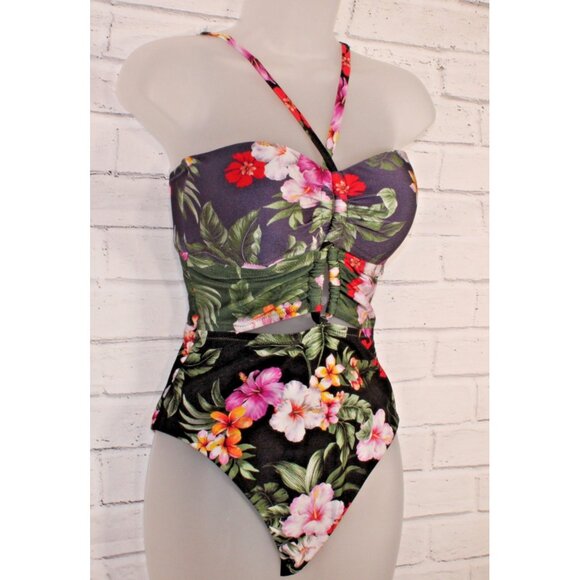 Bar III Women's Floral Keyhole One-Piece Swimsuit Navy Blue Size Large NWT - Picture 8 of 8